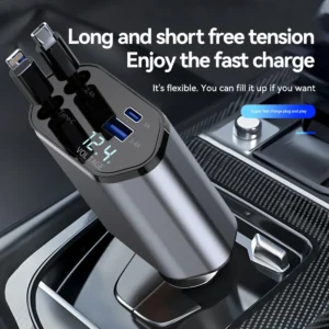 4‑in‑1 Car Charger – 120W Retractable Cable for iPhone/Samsung/Xiaomi